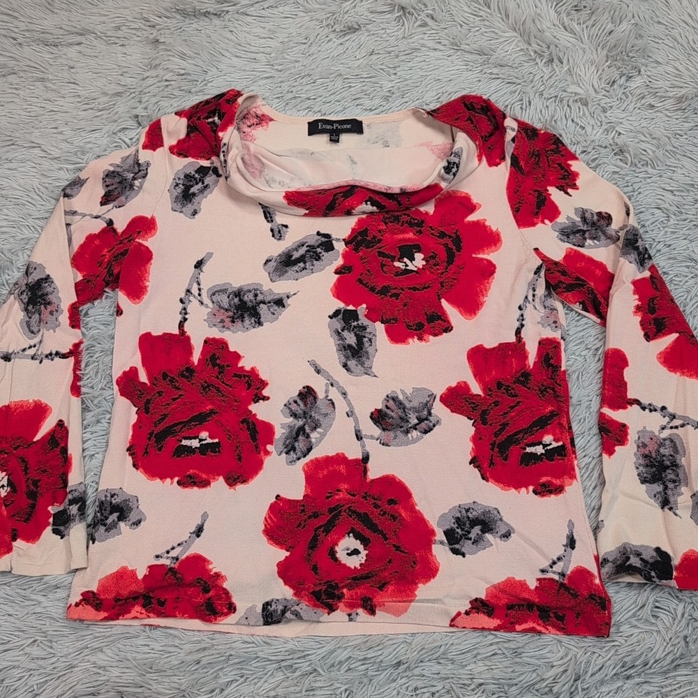 Evan Picone Shirt Womens L Red Floral Silk Blend Casual Comfort Stretch